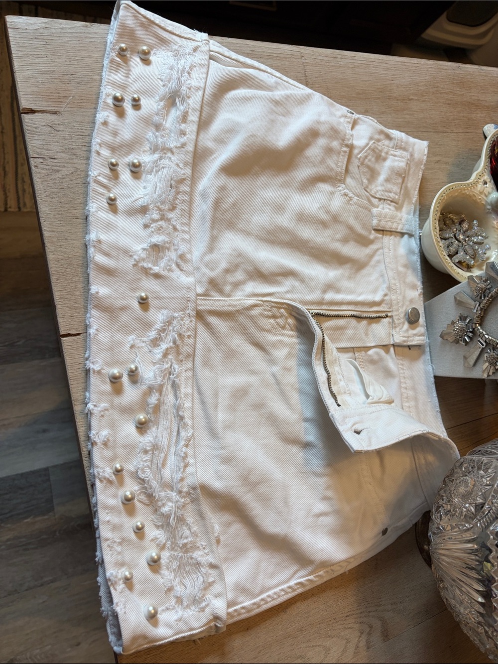 ZARA | Pearl Accent White Denim Skirt with Distressed Hem - Picture 12 of 16